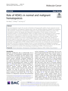 Role of Hdacs in Normal and Malignant Hematopoiesis Pan Wang1,2, Zi Wang1,2* and Jing Liu2*