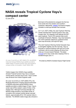 NASA Reveals Tropical Cyclone Vayu's Compact Center 12 June 2019