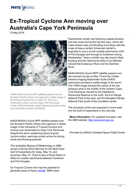 Ex-Tropical Cyclone Ann Moving Over Australia's Cape York Peninsula 15 May 2019