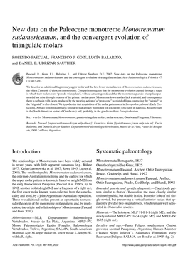 New Data on the Paleocene Monotreme Monotrematum Sudamericanum, and the Convergent Evolution of Triangulate Molars