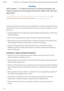 NIOS Chapter – 13 Indian Architecture: Architecture Origins and Indian Perspective and Harappan Period- Flexiprep