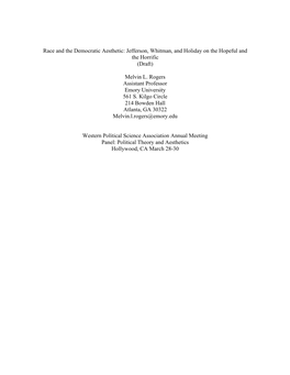 Race and the Democratic Aesthetic: Jefferson, Whitman, and Holiday on the Hopeful and the Horrific (Draft)