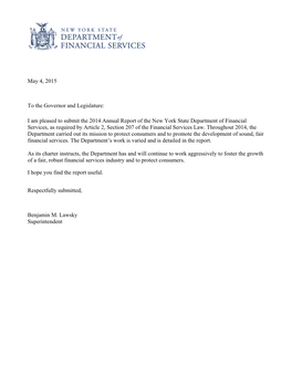 Annual Report of the New York State Department of Financial Services, As Required by Article 2, Section 207 of the Financial Services Law