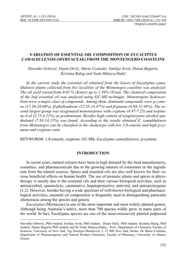 Variation of Essential Oil Composition of Eucalyptus Camaldulensis (Myrtaceae) from the Montengero Coastline