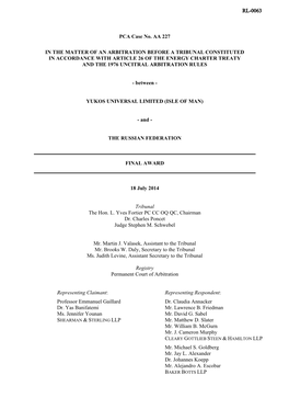 PCA Case No. AA 227 in the MATTER of an ARBITRATION BEFORE a TRIBUNAL CONSTITUTED in ACCORDANCE with ARTICLE 26 of the ENERGY CH