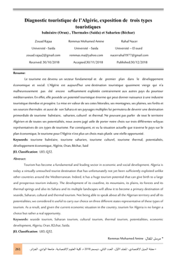 Diagnostic Touristique De L'algérie, Exposition De Trois Types Touristiques