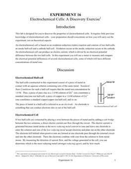 EXPERIMENT 16 Electrochemical Cells: a Discovery Exercise1