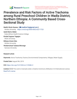 Prevalence and Risk Factors of Active Trachoma Among Rural Preschool Children in Wadla District, Northern Ethiopia: a Community Based Cross- Sectional Study