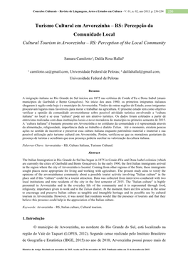 Turismo Cultural Em Arvorezinha – RS: Percepção Da Comunidade Local Cultural Tourism in Arvorezinha – RS: Perception of the Local Community