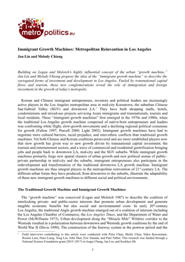 Immigrant Growth Machines: Metropolitan Reinvention in Los Angeles Jan Lin and Melody Chiong