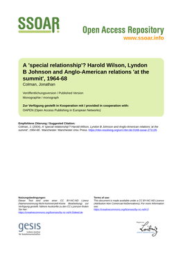 Harold Wilson, Lyndon B Johnson and Anglo-American Relations 'At the Summit', 1964-68 Colman, Jonathan