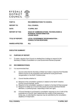 Full Council Date: 15 April 2021 Report of The: Head