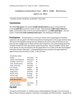 Caribbean Conservation Trust ABA II CUBA Bird Survey April 5-17, 2011 ______Compiled, Written and Photos by Michael J