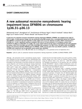 A New Autosomal Recessive Nonsyndromic Hearing Impairment Locus DFNB96 on Chromosome 1P36.31–P36.13