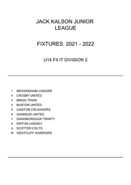 Jack Kalson Junior League Fixtures 2021