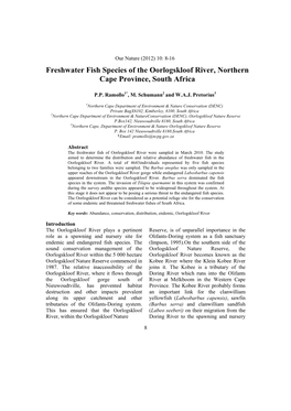 Freshwater Fish Species of the Oorlogskloof River, Northern Cape Province, South Africa