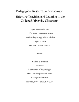 Effective Teaching and Learning in the College/University Classroom