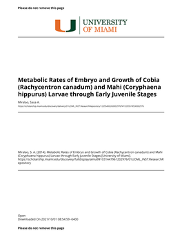 Rachycentron Canadum) and Mahi (Coryphaena Hippurus) Larvae Through Early Juvenile Stages