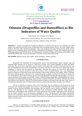 Odonata (Dragonflies and Damselflies) As Bio Indicators of Water Quality