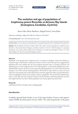 The Evolution and Age of Populations of Scaphinotus Petersi Roeschke on Arizona Sky Islands (Coleoptera, Carabidae, Cychrini)