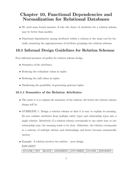 Chapter 10, Functional Dependencies and Normalization for Relational Databases