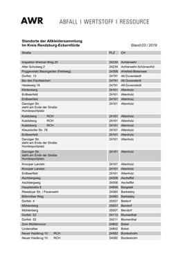 Standorte Der Altkleidersammlung Im Kreis Rendsburg-Eckernförde Stand:03 / 2019