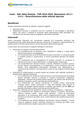 Lazio – GAL Vette Reatine - PSR 2014-2020- Operazione 19.2.1 6.4.1 – Diversificazione Delle Attività Agricole