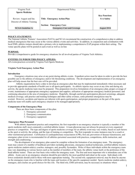 Emergency Action Plan S-A Safety Director of Athletic Training Section: Emergency Care NCAA Guideline 1C Emergency Care and Coverage August 2016