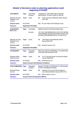 Details of Decisions Made on Planning Applications Week Beginning 3/12/2007