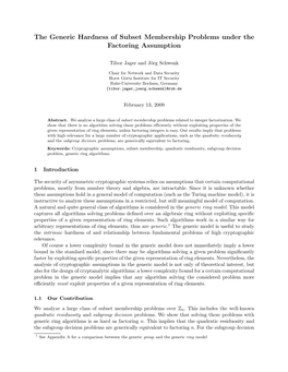 The Generic Hardness of Subset Membership Problems Under the Factoring Assumption