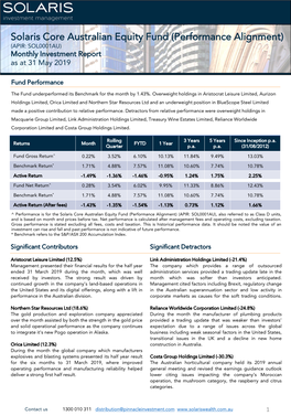 Solaris Core Australian Equity Fund (Performance Alignment) (APIR: SOL0001AU) Monthly Investment Report As at 31 May 2019