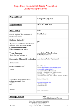 Snipe Class International Racing Association Championship Bid Form