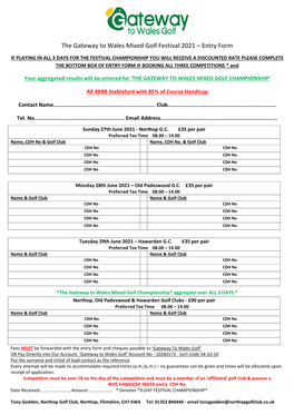 The Gateway to Wales Mixed Golf Festival 2021 – Entry Form