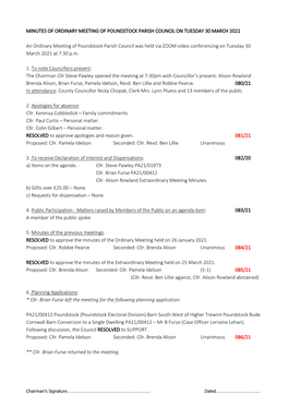 Minutes of Ordinary Meeting of Poundstock Parish Council on Tuesday 30 March 2021