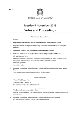 Votes and Proceedings for 5 Nov 2019