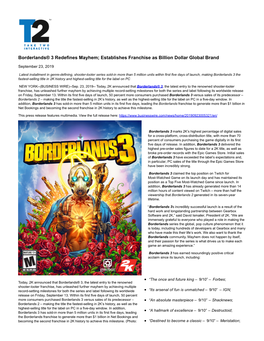 Borderlands® 3 Redefines Mayhem; Establishes Franchise As Billion Dollar Global Brand