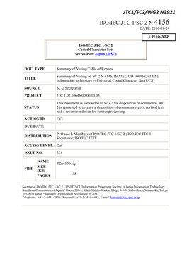 Jtc1/Sc2/Wg2 N3921 Iso/Iec Jtc 1/Sc 2 N 4156 Date: 2010-09-24