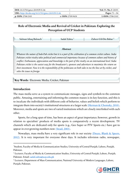 Introduction Role of Electronic Media and Revival of Cricket in Pakistan