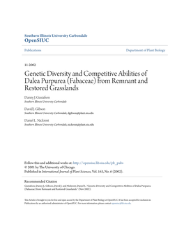 Genetic Diversity and Competitive Abilities of Dalea Purpurea (Fabaceae) from Remnant and Restored Grasslands Danny J