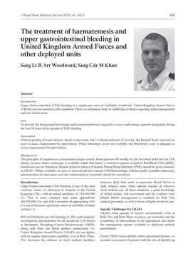 The Treatment of Haematemesis and Upper Gastrointestinal Bleeding in United Kingdom Armed Forces and Other Deployed Units