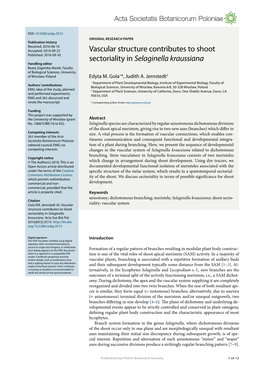 Vascular Structure Contributes to Shoot Sectoriality in Selaginella Kraussiana