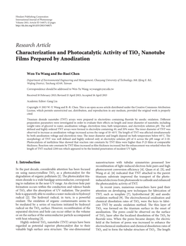 Characterization and Photocatalytic Activity of Tio 2 Nanotube Films