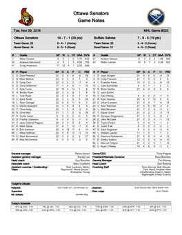 Ottawa Senators Game Notes