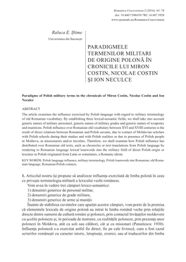 Paradigmele Termenilor Militari De Origine Polonă În Cronicile Lui Miron Costin, Nicolae Costin Şi Ion Neculce