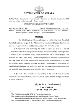 GOVERNMENT of KERALA Abstract Public Works Department – Administrative Sanction and Special Sanction for 177 Road and Bridge Works-Accorded - Orders Issued