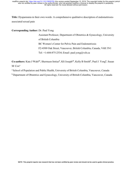 Dyspareunia in Their Own Words: a Comprehensive Qualitative Description of Endometriosis- Associated Sexual Pain