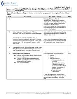 Cleaning of Bed Pans: Using a Wand Sprayer in Patient Bathroom Or Soiled Process: Utility Room