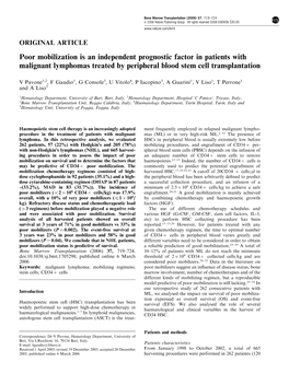 Poor Mobilization Is an Independent Prognostic Factor in Patients with Malignant Lymphomas Treated by Peripheral Blood Stem Cell Transplantation