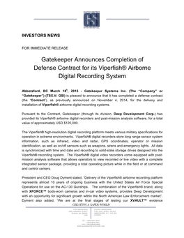 Gatekeeper Announces Completion of Defense Contract for Its Viperfish® Airborne Digital Recording System