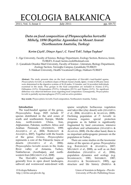 Data on Food Composition of Phrynocephalus Horvathi Méhely, 1894 (Reptilia: Agamidae) in Mount Ararat (Northeastern Anatolia, Turkey)